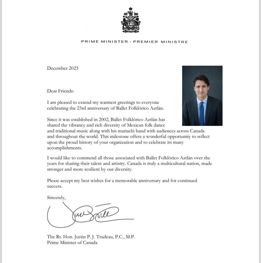 Prime Minister Justin Trudeau — anniversary greetings